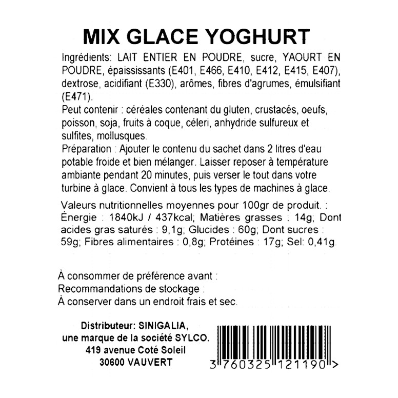 Mix Glace Yaourt Sinigalia – 1 kg Produit A Glace