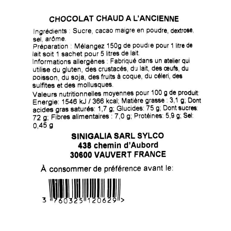 Étiquette chocolat chaud à l'ancienne Sinigalia