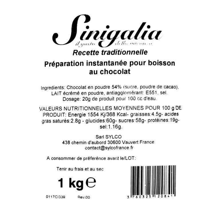 Étiquette ingrédients mix chocolat chaud professionnel.