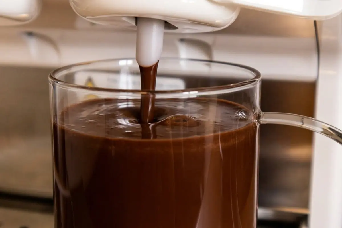 Gros plan sur la texture épaisse et brillante d'un chocolat chaud versé depuis une chocolatière professionnelle