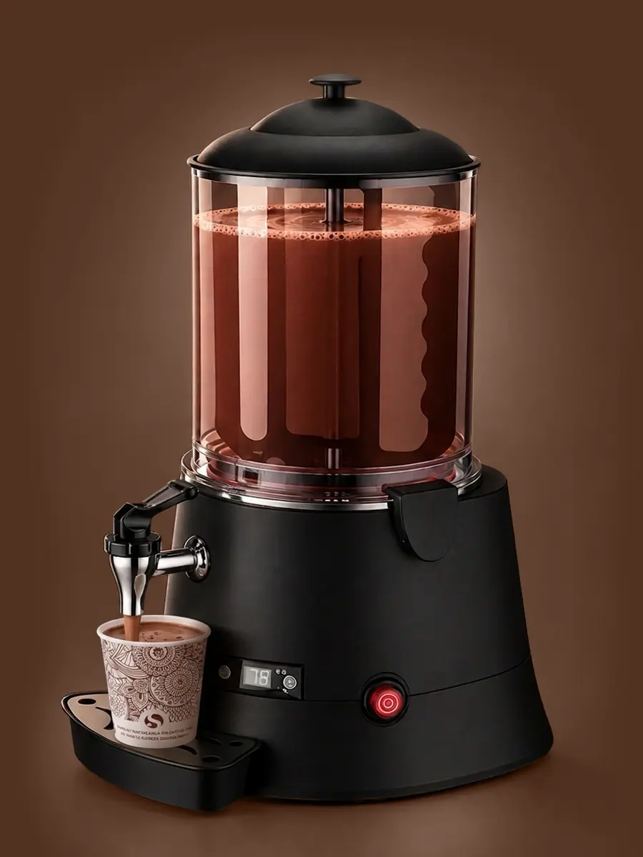 Chocolatière professionnelle en service dans une pâtisserie, préparation chocolat chaud versée au levier